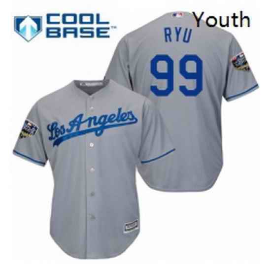 Youth Majestic Los Angeles Dodgers 99 Hyun Jin Ryu Authentic Grey Road Cool Base 2018 World Series MLB Jersey